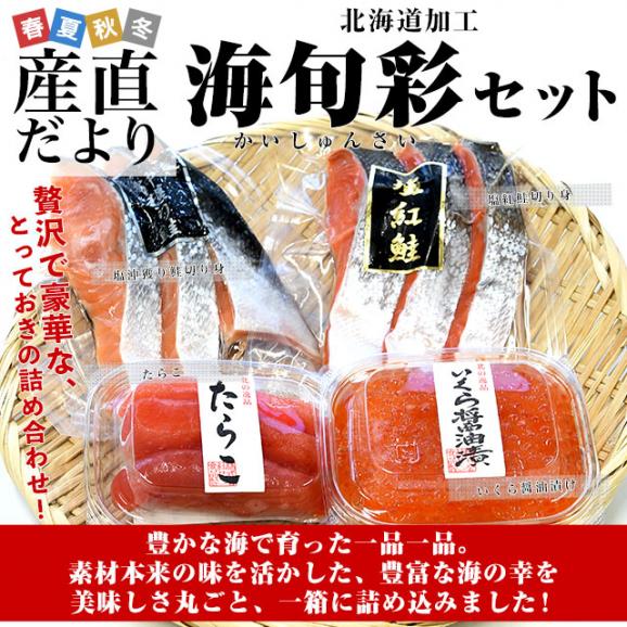 北海道から直送「海旬彩セット」【紅鮭切身3切、沖獲り鮭切身3切、たらこ1パック(80g)、いくら醬油漬け1パック(80g)】送料無料 魚介 ギフト 海産物02