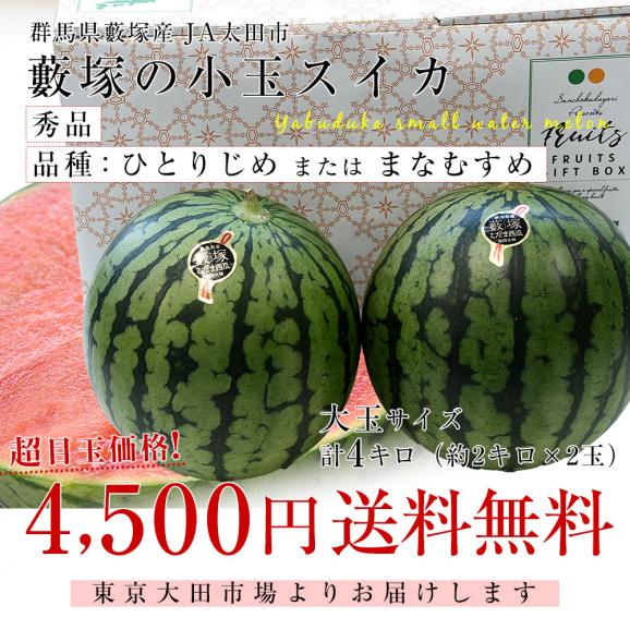 群馬県JA太田市 藪塚の小玉スイカ (ひとりじめ または まなむすめ) 秀品 大玉サイズ 計4キロ（約2キロ×2玉）送料無料 西瓜 すいか03