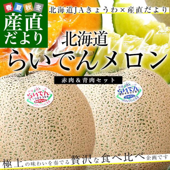 北海道JAきょうわ　らいでんメロン（赤肉）＆らいでんクラウンメロン（青肉）大玉2玉セット（合計約3キロ） 送料無料 メロン 北海道メロン ギフト 夏ギフト お中元 御中元 のし対応可02