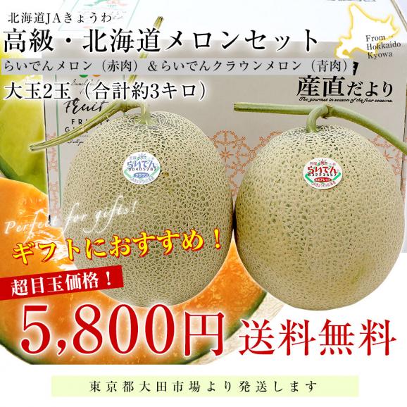 北海道産JAきょうわ らいでんメロン(赤肉)&らいでんクラウンメロン(青肉)大玉2玉セット(合計約3キロ) 送料無料 メロン 北海道メロン ギフト お中元03