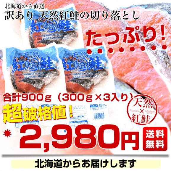 北海道より直送 北海道加工 訳あり 天然紅鮭の切り落とし 合計900ｇ（300ｇ×3入り）送料無料 紅鮭 鮭 さけ  ※クール冷凍便03
