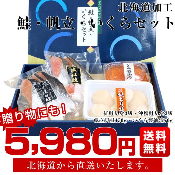 北海道から直送「鮭・帆立・いくらセット」【紅鮭切身3切、沖獲り鮭切身3切、帆立貝柱(150g)、いくら醤油漬け(70g)】送料無料 魚介 ギフト 海産物03