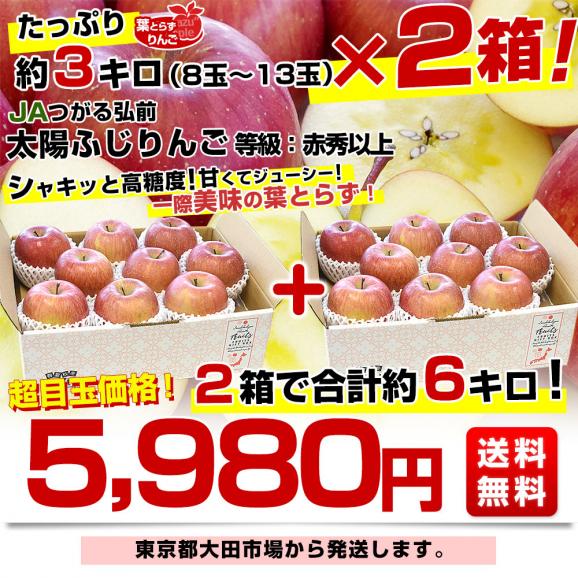 青森県産 JAつがる弘前 葉とらず太陽ふじりんご 等級：赤秀以上3キロ×2箱(8玉から13玉×2箱)  林檎 リンゴ 送料無料03