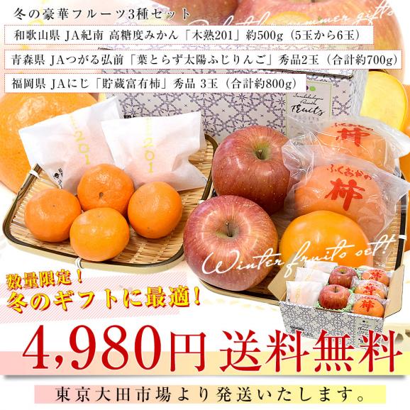 冬の豪華フルーツ3種セット 高糖度みかん「木熟201」約500g（5玉から6玉）＆「葉とらず太陽ふじ」秀品2玉＆「貯蔵富有柿」秀品3玉 送料無料 詰め合わせ ギフト03