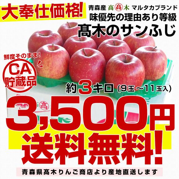 青森県より産地直送 高木商店 マルタカブランド サンふじりんご CA貯蔵品 味優先の理由あり 約3キロ (9玉から11玉入) 林檎 リンゴ 津軽 弘前 送料無料03