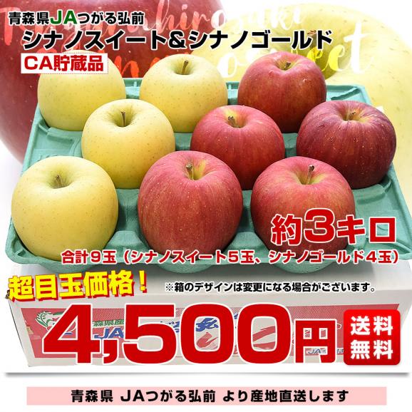 青森県より産地直送 JAつがる弘前 シナノスイート（5玉）＆シナノゴールド（4玉） CA貯蔵品 約3キロ 合計9玉 送料無料 りんごセット リンゴ 信濃スイート 信濃ゴールド 詰め合わせ 食べ比べ ギ03