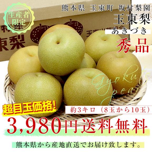 熊本県から産地直送 玉東町 坂村梨園 玉東梨 あきづき 秀品 約3キロ（8玉から10玉）送料無料 なし ナシ 秋月03