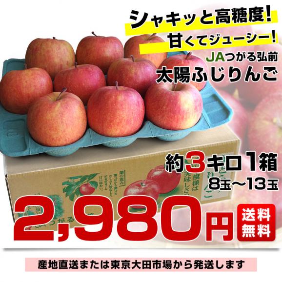 【新年特売価格】青森県産 JAつがる弘前 葉とらず太陽ふじりんご 3キロ(8玉から13玉) 糖度13度以上 林檎 リンゴ 送料無料03
