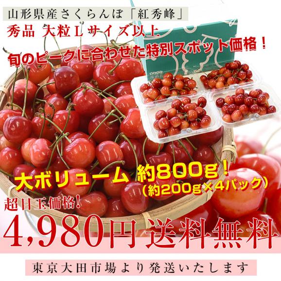 山形県産さくらんぼ「紅秀峰」秀品 Lサイズ以上 大ボリューム 約800g(約200g×4パック)送料無料 クール便 サクランボ 桜桃 03