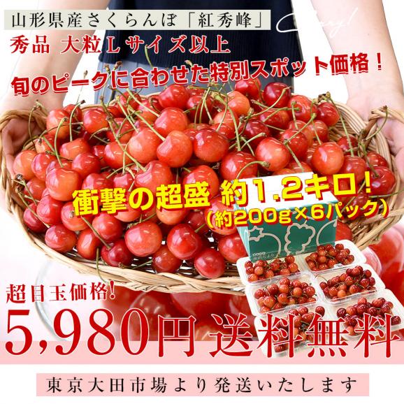山形県産さくらんぼ「紅秀峰」秀品 Lサイズ以上 衝撃の超盛 約1.2キロ(200g×6パック) 送料無料 クール便 サクランボ 桜桃 03