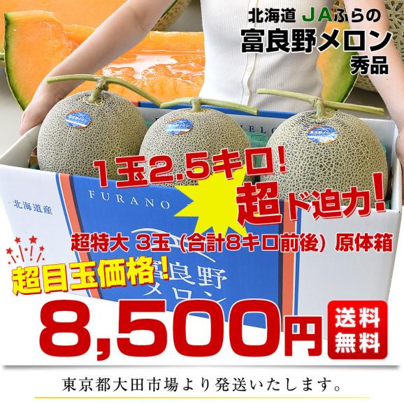北海道産 JAふらの 富良野メロン 超特大3玉(合計8キロ前後)原体箱 秀品 送料無料 富良野産メロン 北海道メロン ギフト03
