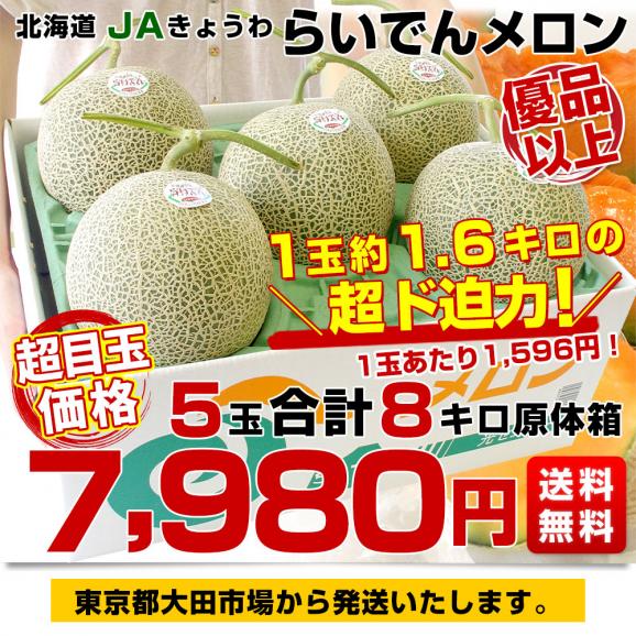 北海道産 JAきょうわ らいでんメロン 赤肉 優品以上 大玉 8キロ(約1.6キロ×5玉)送料無料 北海道メロンギフト03
