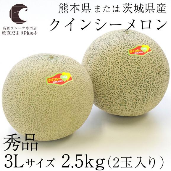 送料無料　熊本県または、茨城県産　クインシーメロン　秀品　3Lサイズ　2.5キロ（2玉入）　赤肉メロン