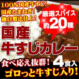 【全国送料無料】　100％国産牛すじ＆たまねぎ使用　牛すじカレー210g　中辛　4パック入り　レトルトでは味わえない本格派カレー　お湯ポチャ10分で完成！