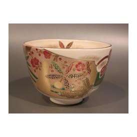 茶道具　抹茶茶碗　色絵　羽子板（はごいた）画、京都　相模竜泉作