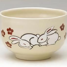 茶道具　抹茶茶碗　小茶碗　色絵　夫婦兎、浅見与し三（よしぞう）作