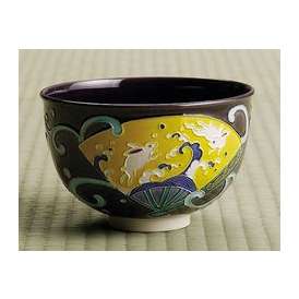 茶道具　抹茶茶碗　紫交趾　扇面に兎、京都　中村翠嵐作