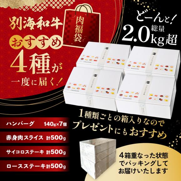 北海道 別海町 別海和牛肉福袋総量 2.0kg超（和牛赤身肉スライス500g ハンバーグ980g（140g×7個） サイコロステーキ500g ロースステーキ500g）【FF0000047】02