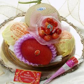 母の日 ギフト 国産フルーツバスケット Platinum カゴ盛り 4種 ※常温 カーネーション(造花)・メッセージカード付 送料無料 マスクメロン さくらんぼ マンゴー 美生柑