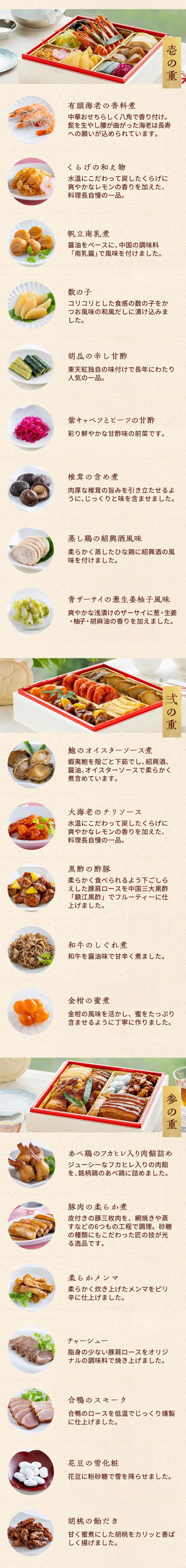 【12/23まで】鮑、フカヒレ、海老チリなど華やかな高級中華おせち|創業より65年!リピーターに支えられる完食できる人気のおせちです<東天紅中華おせち寿> 4~5人前 全22品 冷蔵_説明画像02