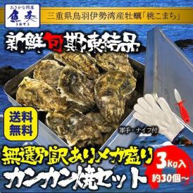 伊勢神宮奉納 殻つき牡蠣 カキ 桃こまち 伊勢湾産 3キロ(約30個)  訳あり 送料無料 カンカン焼き BBQ 牡蠣 ナイフ 軍手付