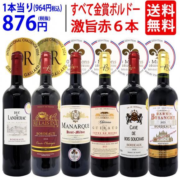ワイン ワインセット 全て金賞フランス名産地 ボルドー赤６本セット 送料無料 飲み比べセット ギフト ^W0KGP7SE^01