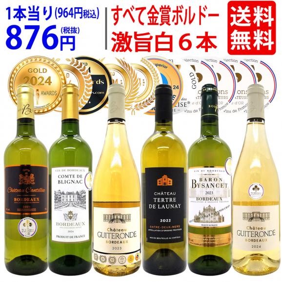 ワイン ワインセット すべて金賞フランス名産地ボルドー激旨辛口白６本セット 送料無料 飲み比べセット ギフト ^W0WKC4SE^01