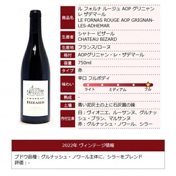 2022 ル フォルナ ルージュ AOPグリニャン レ ザデマール 750ml シャトー ビザール ローヌ フランス 赤ワイン コク辛口 ^C0BZFN22^06