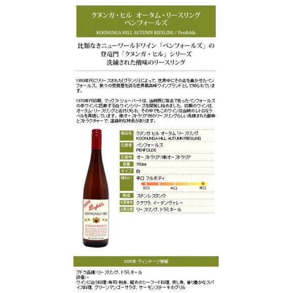 ペンフォールズ 2025 クヌンガ ヒル オータム リースリング 750ml オーストラリア 白ワイン コク辛口 ワイン ペンフォールド ^RAODKA25^06