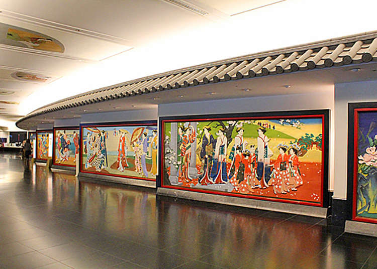 Colored wooden panels along the corridors