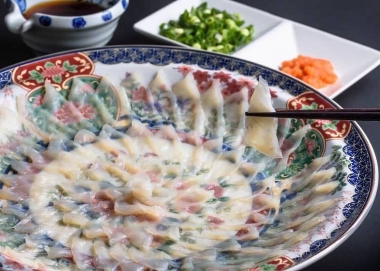 Fugu sashimi arrayed on a platter. Note the how translucent the fish is. (Image: PIXTA)