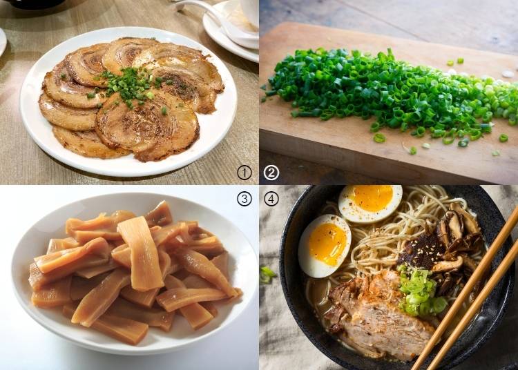 1. Chashu/Char Siu Pork / 2. Negi (Leek) / 3. Menma / 4. Eggs
