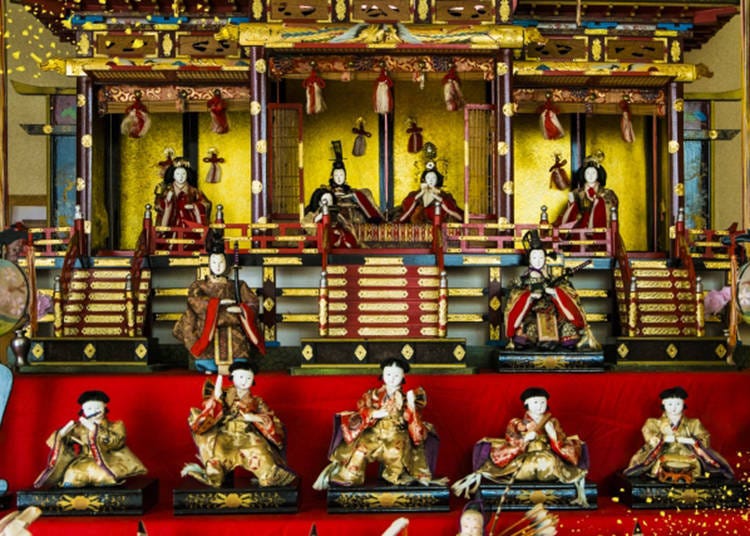 Gotenkazari (depicted), massive seven-tier platforms with a full set of 15 dolls, gorgeously dressed hina dolls - hinamatsuri stands come in all shapes and sizes!