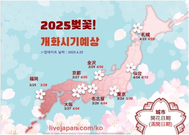 2025년 일본벚꽃 개화시기 및 벚꽃놀이 추천 장소
일본 전국의 벚꽃 개화시기, 각 지역별 벚꽃 명소, 액티비티까지 정리!(2025년 2월 13일 업데이트)