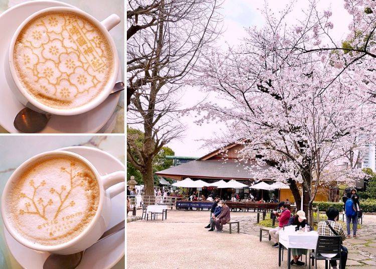 The Outdoor Seating and Sakura-patterned Latte at the "attic room Yasukuni Outer Garden" Café in Yasukuni Shrine / Photo courtesy of "Ms. Mentaiko's Travel Diary" Facebook Page
