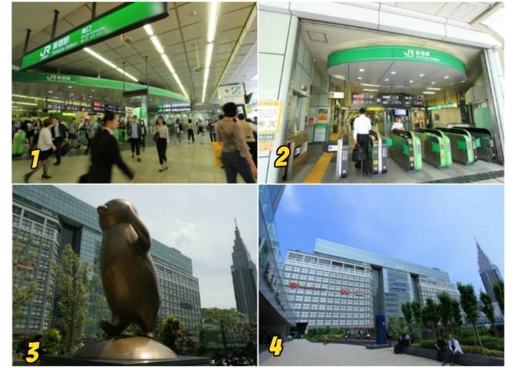 1) South Exit ticket gates 2) Southeast Exit ticket gates 3) Shinnan Exit’s Suica Penguin 4) the plaza in front of the Shinnan Exit