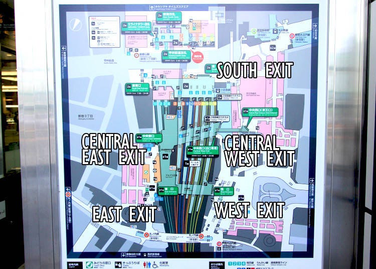 Guide map around Shinjuku Station found around the JR Shinjuku Station ticket gate.