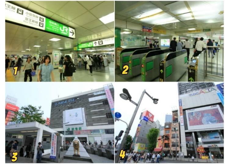 1 東口檢票口、2中央東口檢票口、3東口象徵標的物「獅子雕像」、4新宿ALTA前