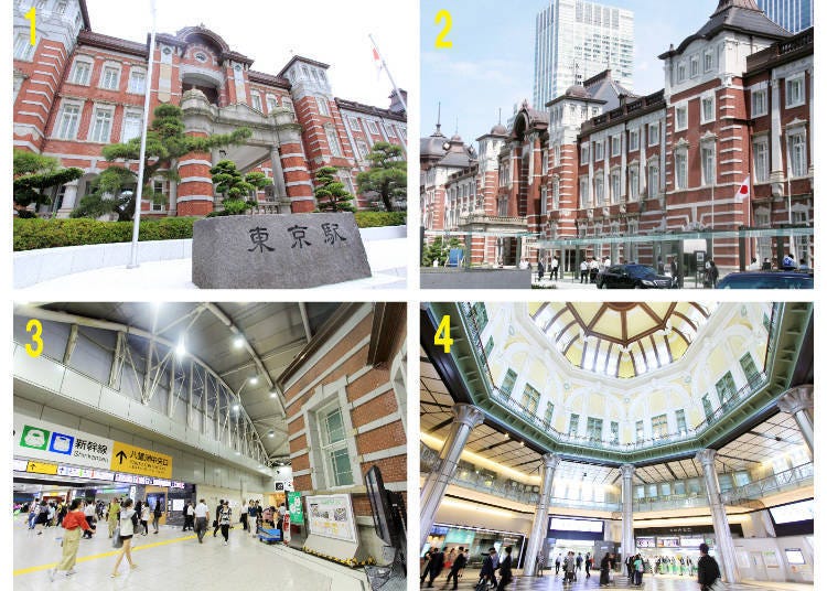1. The stone monument near the Marunouchi Central Exit is a popular photo shop 2. The majority of the Marunouchi Station Building houses the Tokyo Station Hotel 3. The brick walls of the original building can be seen from within the ticket gates 4. Inside the South Dome, where the Marunouchi South ticket gates are located. The ornaments from the third floor upward are restored to look like the original of 1914.