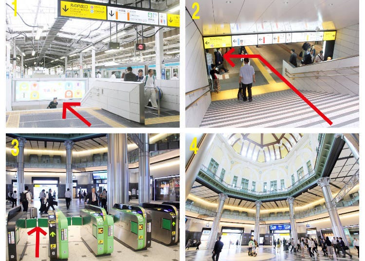 1. Platform 5 and 6 of JR Tokyo Station 2. Descend the stairs in the center of the platform 3. The Marunouchi North Exit ticket gates 4. The North Dome