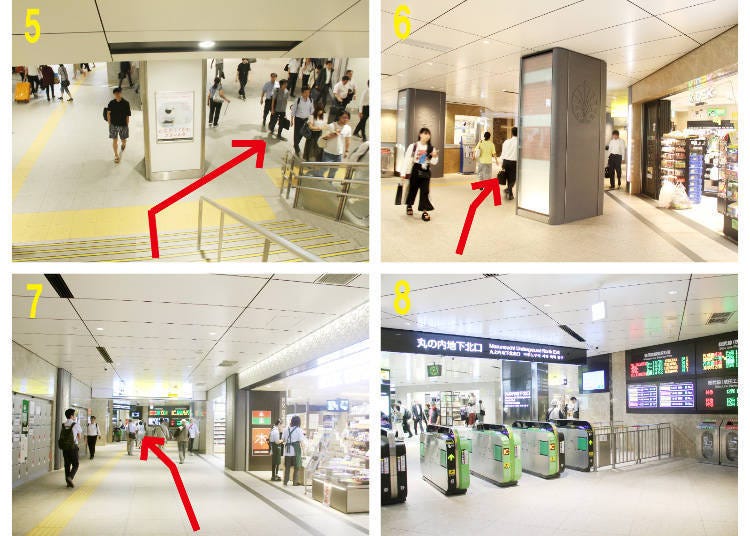 1. Take the stairs down to the Central Passage 2. The Central Passage 3. The west end of the Central Passage 4. The stairs descending to the first basement floor 5. Descend the stairs and head right 6. Pass KIOSK 7. Pass the bookstore 8. The Marunouchi Underground North Exit