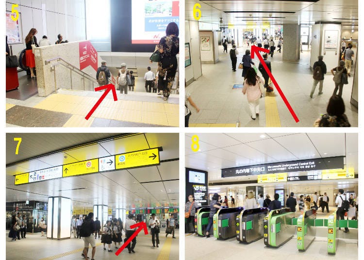 1. Go down the stairs to the Central Passage 2. The Central Passage 3. The western end of the Central Passage 4. The passage next to the Marunouchi Central Exit ticket gates 5. Go down the stairs to the first basement floor 6. and 7. The Central Underground Passage 8. The Marunouchi Underground Central Exit