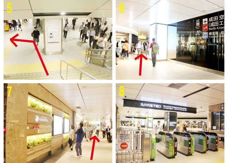 1. The stairs leading down to the Central Passage 2. The Central Passage 3. The western end of the Central Passage 4. The stairs going down to the first basement floor 5. Go down the stairs and head left 6. Pass by the elevator 7. The GRANSTA MARUNOUCHI signs 8. The Marunouchi Underground South Exit