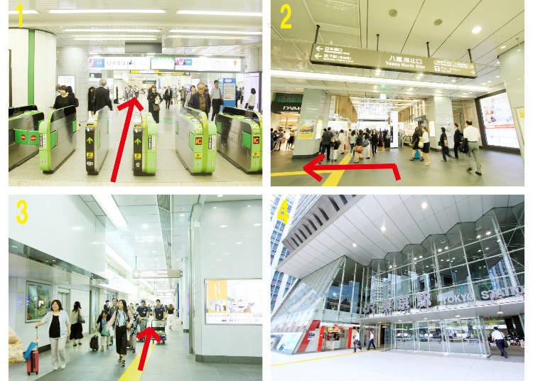 1. The Yaesu North Exit ticket gates 2. The North Exit passage, turn left just before Daimaru Tokyo 3. The passage towards the Nihonbashi Exit 4. The Nihonbashi Exit