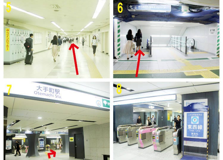 1. Go down the stairs and follow the signs for “Marunouchi Central Exit” 2. The Marunouchi Underground North Exit ticket gates on the first basement floor 3. The passage outside the ticket gates 4. The passage leading to Otemachi 5. The passage that connects Tokyo Station and Otemachi Station 6. The stairs and escalator descending to the second basement floor 7. Tokyo Metro Otemachi Station 8. Tokyo Metro Tozai Line’s eastern ticket gates