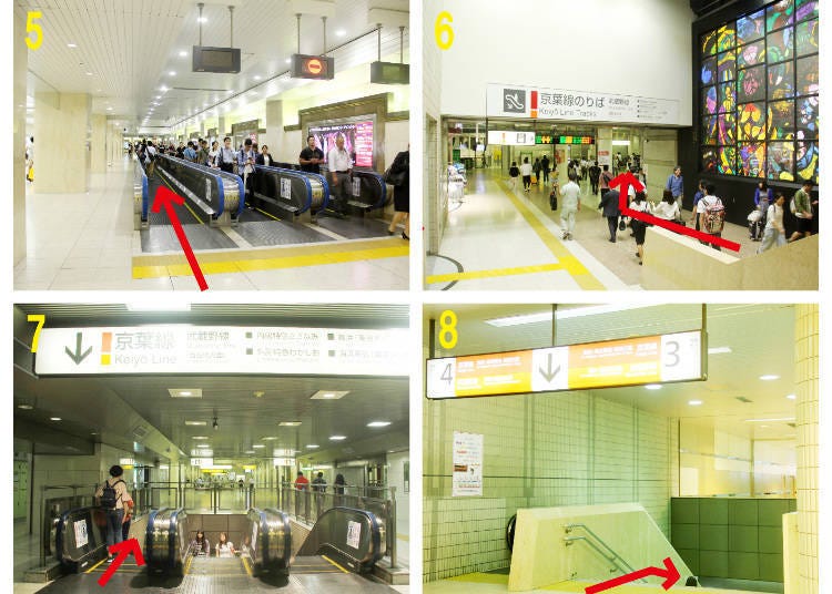 1. Go down the stairs towards the Yaesu South Exit 2. Check the signs saying “Keiyo Line” in front of Yaesu South Exit 3. Keiyo Street and its many shops and restaurants 4. The escalator at the end 5. The moving walkways 6. The entrance to the Keiyo Line platforms 7. The escalator descending to the third basement floor 8. Descend to the fourth basement floor.