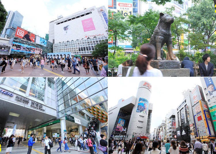 1. The plaza of Hachiko Statue, seen from Shibuya Crossing 2. The popular statue of Hachiko, known as a photo and meeting spot 3. Keio Shibuya Station and Shibuya Mark City 4. SHIBUYA109, the iconic shopping mall