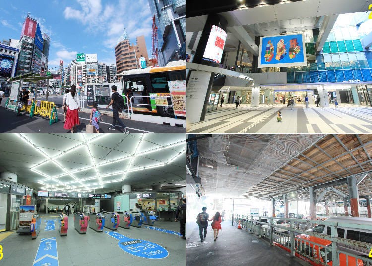 1. East Exit bus stop 3. Shibuya Hikarie, a commercial facility with lots of restaurants and a theater 3. the Hikarie ticket gates of Tokyu Toyoko Line and Tokyo Metro’s Hanzomon Line 4. Tamagawa-dori Street at the South Exit, leading to Aoyama-dori Street