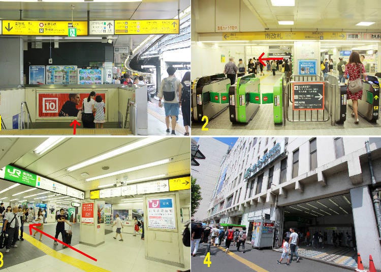 1. The stairs at the northernmost tip of JR’s platform 2 2. The Hachiko ticket gates 3. The passage to Miyamasuzaka Exit 4. JR Shibuya Station’s Miyamasuzaka Exit