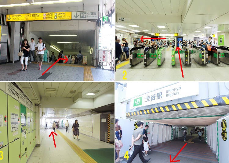 1. JR Shibuya Station 2. The northernmost stairs on platform 2 3. The Hachiko Entrance ticket gates 4. JR Shibuya Station’s Miyamasuzaka Exit